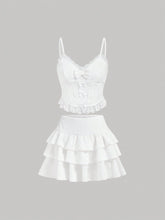 Summer Sweet Solid Color Lace Spliced Bow Detail Bow Decorated Tank Top Layered Cake Skirt Set